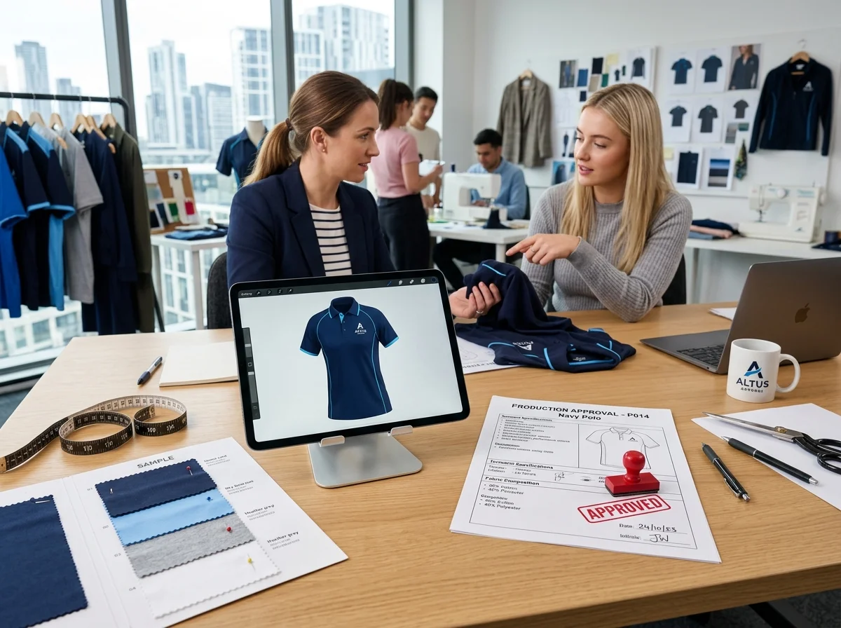 การวางแผนเวลาผลิตและการตรวจอนุมัติตัวอย่างเสื้อยูนิฟอร์มองค์กรอย่างเป็นระบบ